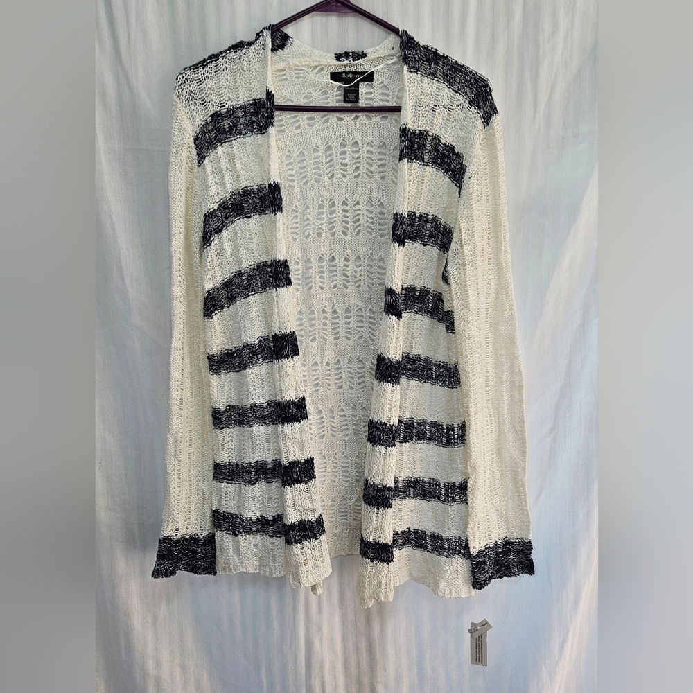 Style & Co Cardigan - Ivory Navy Striped Acrylic NWT - Size L Large